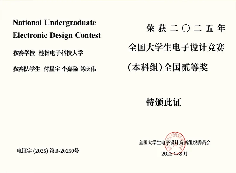 2025 年全国大学生电子设计竞赛本科组全国一等奖证书