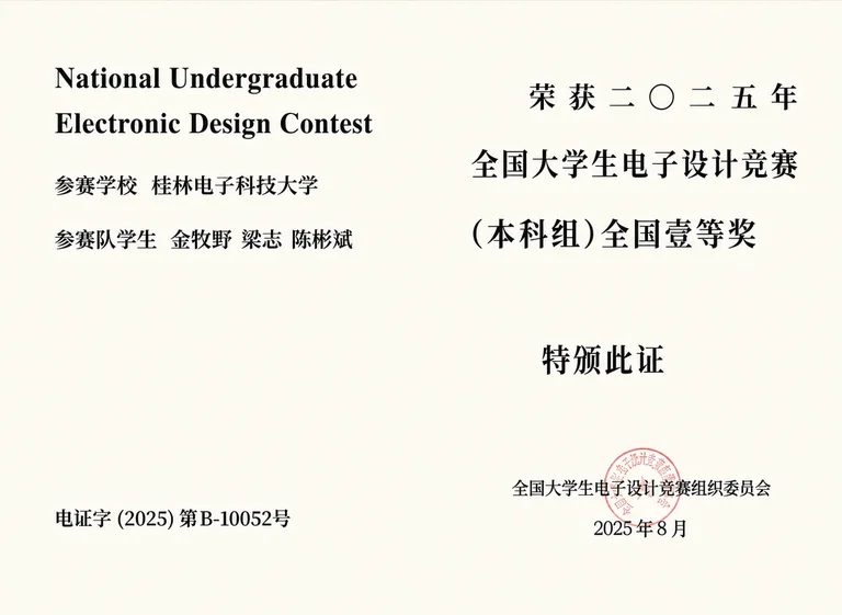 2025 年全国大学生电子设计竞赛本科组全国一等奖证书